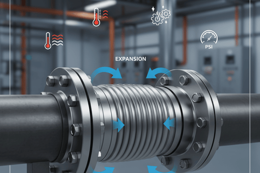 Metal corrugated pipe expansion joint between flanged steel pipes in an industrial plant, showing arrows for expansion and contraction, temperature and pressure icons.