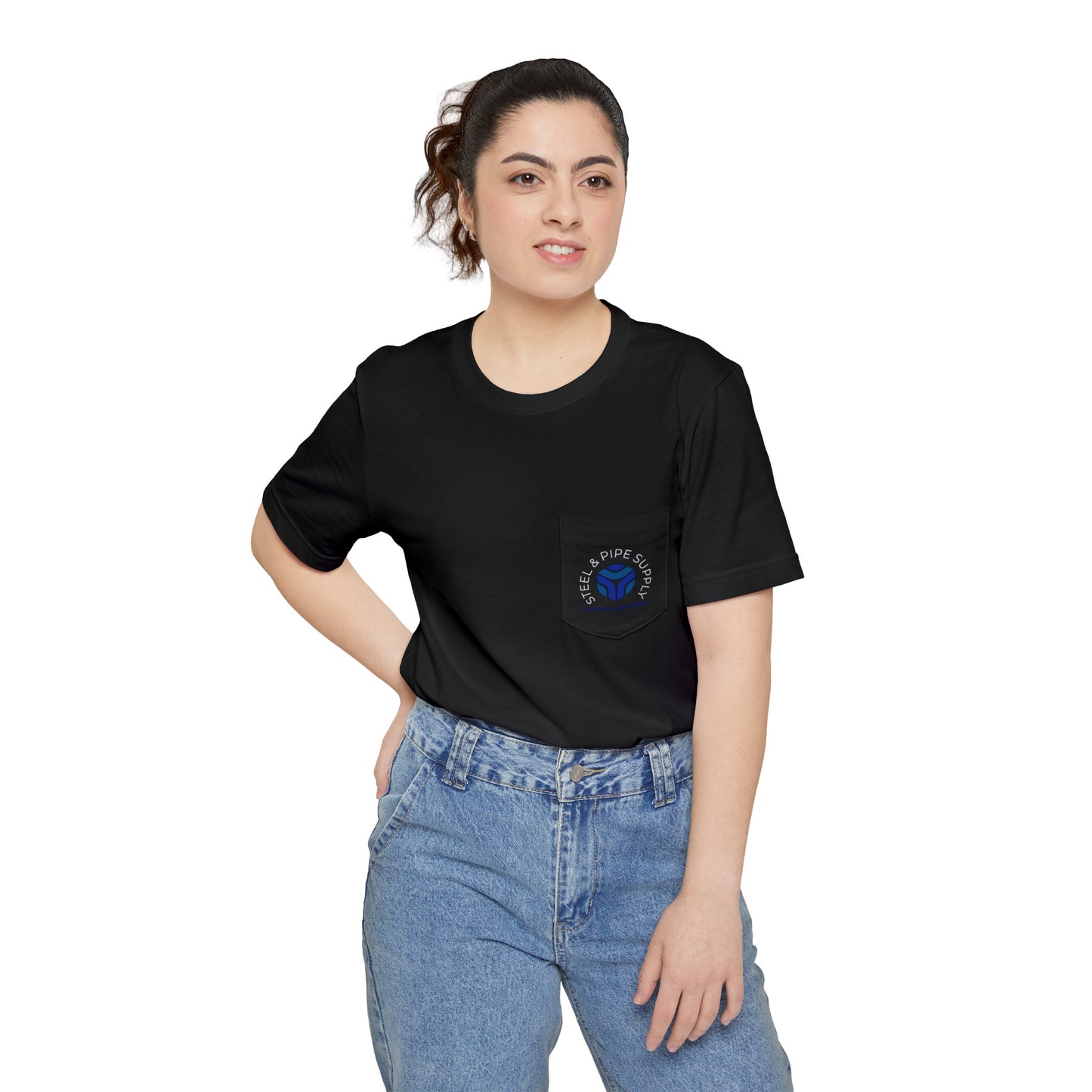 Steel and Pipe Supply Unisex Pocket T-shirt- White Text
