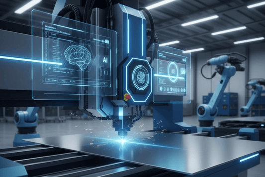 AI-controlled robotic cutting machine slicing a glowing metal sheet in a high-tech factory with holographic displays