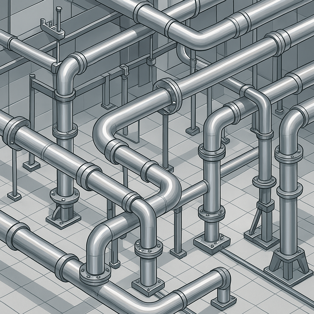A complex network of stainless-steel industrial pipes and supports arranged over a tiled floor, with flanges, bends, and vertical risers.