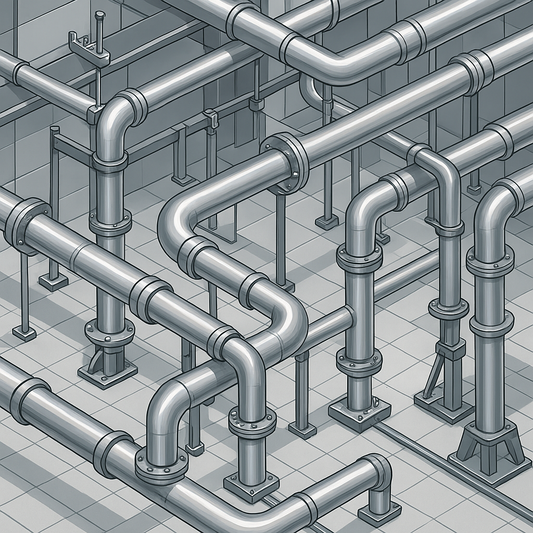 A complex network of stainless-steel industrial pipes and supports arranged over a tiled floor, with flanges, bends, and vertical risers.