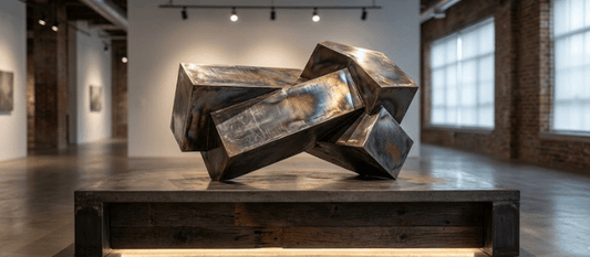 Abstract rusted metal geometric sculpture on wooden platform in bright industrial gallery with exposed brick and large windows