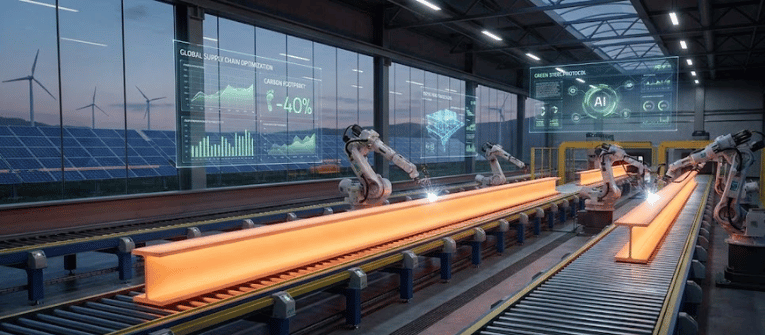Automated steel plant production line with robotic arms welding glowing steel beams, solar panels and wind turbines visible outside