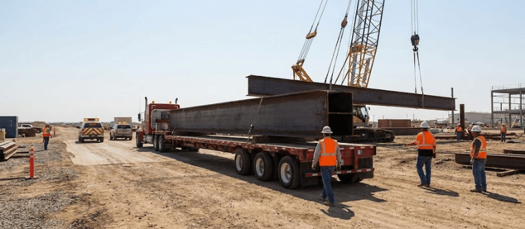 Construction crew in high-visibility vests guiding a crane as large steel beams are loaded onto a flatbed truck at a dusty site