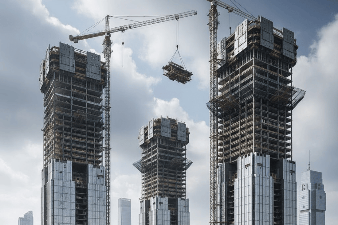 Construction site with three high-rise towers at different stages, cranes lifting materials against a cloudy city skyline, workers visible