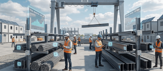 Construction site workers in safety gear inspecting and scanning stacked steel beams and bars amid cranes and digital displays