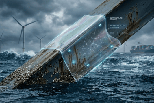 Corroded steel beam with barnacles in rough sea, transparent self-healing patch applied; wind turbines and cargo ship in background