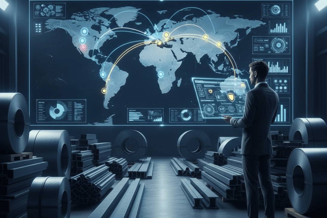 Executive in warehouse reviewing global logistics dashboard on wall-sized screen with steel coils and beams arranged around him