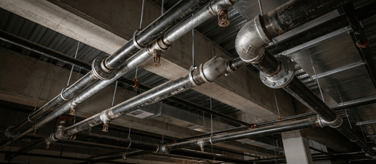 Exposed industrial metal pipes and sprinkler lines suspended from a concrete ceiling in an unfinished commercial building interior