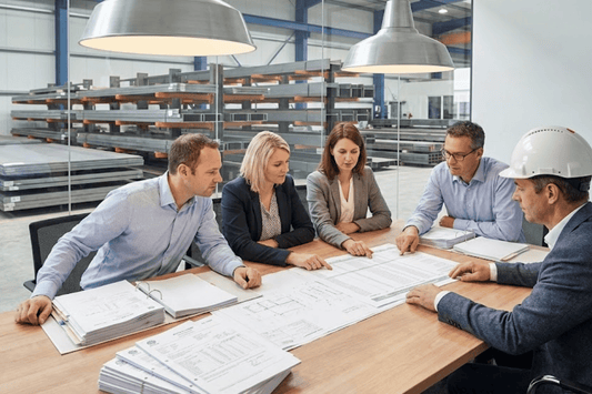Five professionals review large blueprints and documents at a conference table inside a modern industrial warehouse