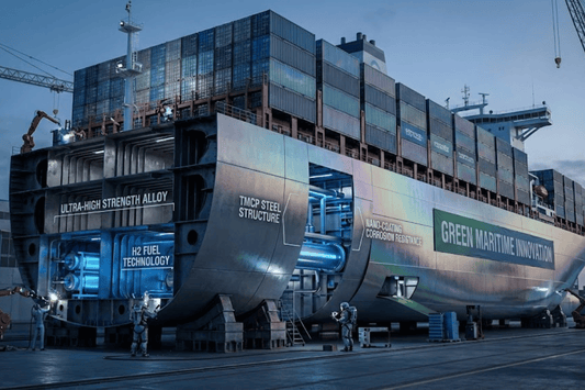 Futuristic cargo ship in dry dock with hydrogen fuel systems, robotic workers, stacked containers and "Green Maritime Innovation" signage