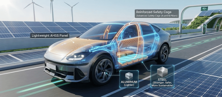 Futuristic electric car on solar-lined road with transparent body showing aluminum battery tray, steel safety cage, and wind turbines