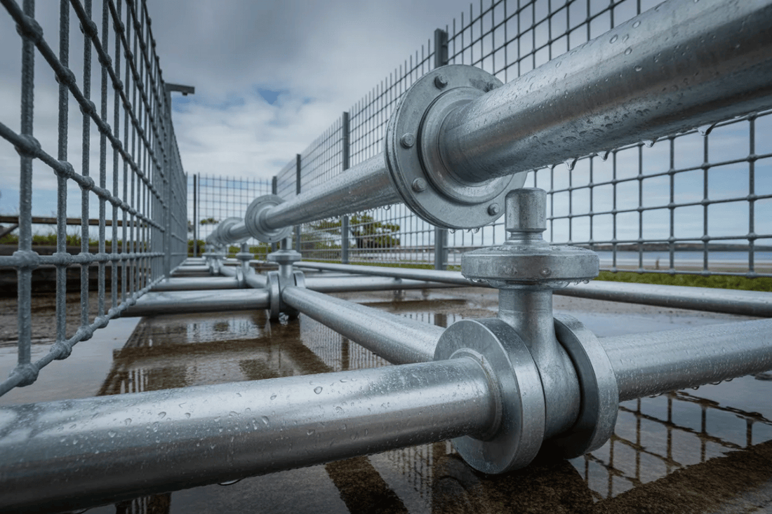 Galvanized steel railing and pipe framework with water droplets on wet concrete