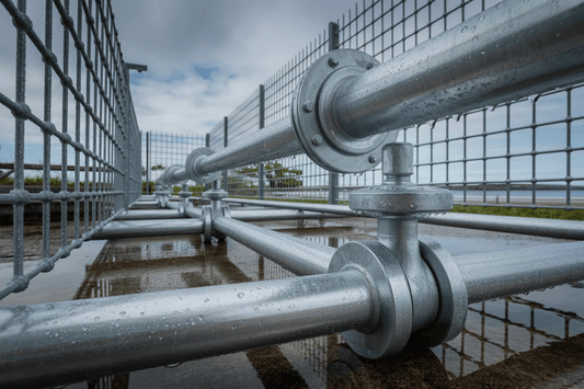 Galvanized steel railing and pipe framework with water droplets on wet concrete