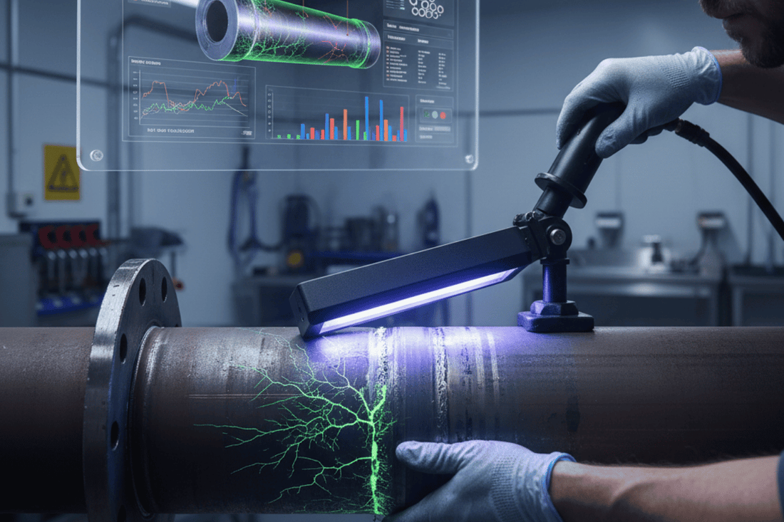 Gloved technician uses UV lamp and AI analyzer display to inspect a large metal pipe, revealing fluorescent crack patterns and diagnostic charts
