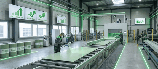 Green-coated factory workers applying eco-friendly paint to large metal panels on a brightly lit, modern production line