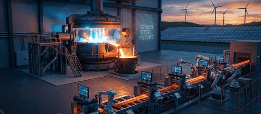 Green steel plant interior with electric arc furnace, automated rolling line and robots, solar panels and wind turbines outside at sunset