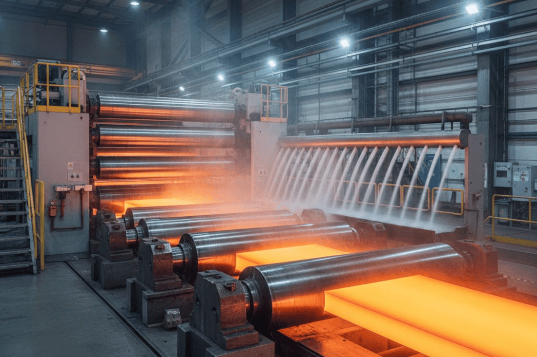 Hot steel slabs glowing bright orange move through large rollers in a spacious industrial mill with overhead lights and cooling sprays