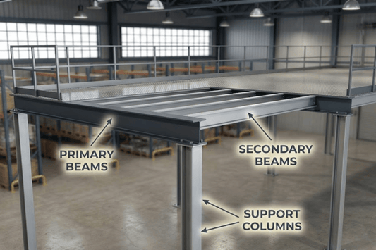 Industrial mezzanine structure inside a warehouse: metal primary beams, secondary beams, and vertical support columns holding a grated platform