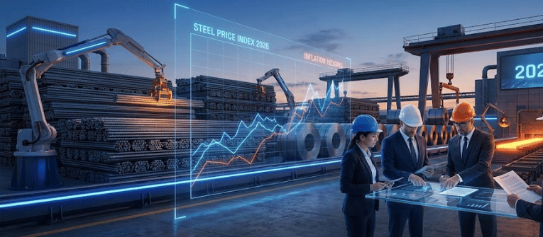 Industrial plant meeting with engineers and holographic steel price index charts projected over coils and robotic cranes