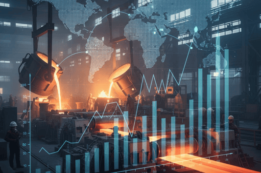 Industrial steel mill with molten metal pouring from ladles, overlaid with world map and rising bar and line charts