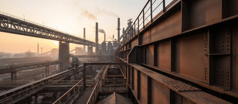 Industrial steelworks at sunrise with rusted walkways, smokestacks and conveyor bridges stretching into the hazy orange sky