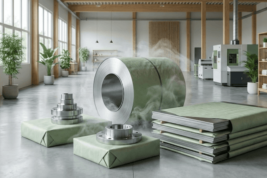 Industrial workshop with stacked metal coils, sheets, and machined parts on pallets amid bright, plant-filled workspace