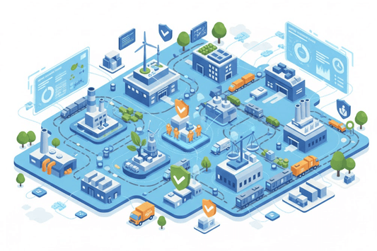 Isometric smart city and industrial network illustration showing factories, wind turbines, trucks, sensors and data screens