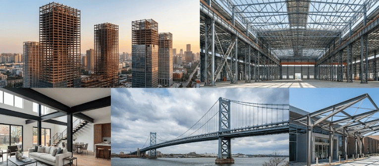 Modern construction collage showing high-rise building frames, steel warehouse interior, contemporary loft living room, suspension bridge over river, and steel-framed public entrance