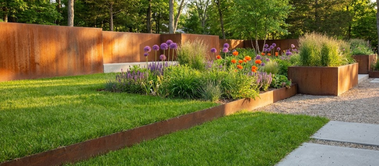 Modern garden with rusted steel raised beds, green lawn, stone path and colorful alliums and poppies under trees at sunset