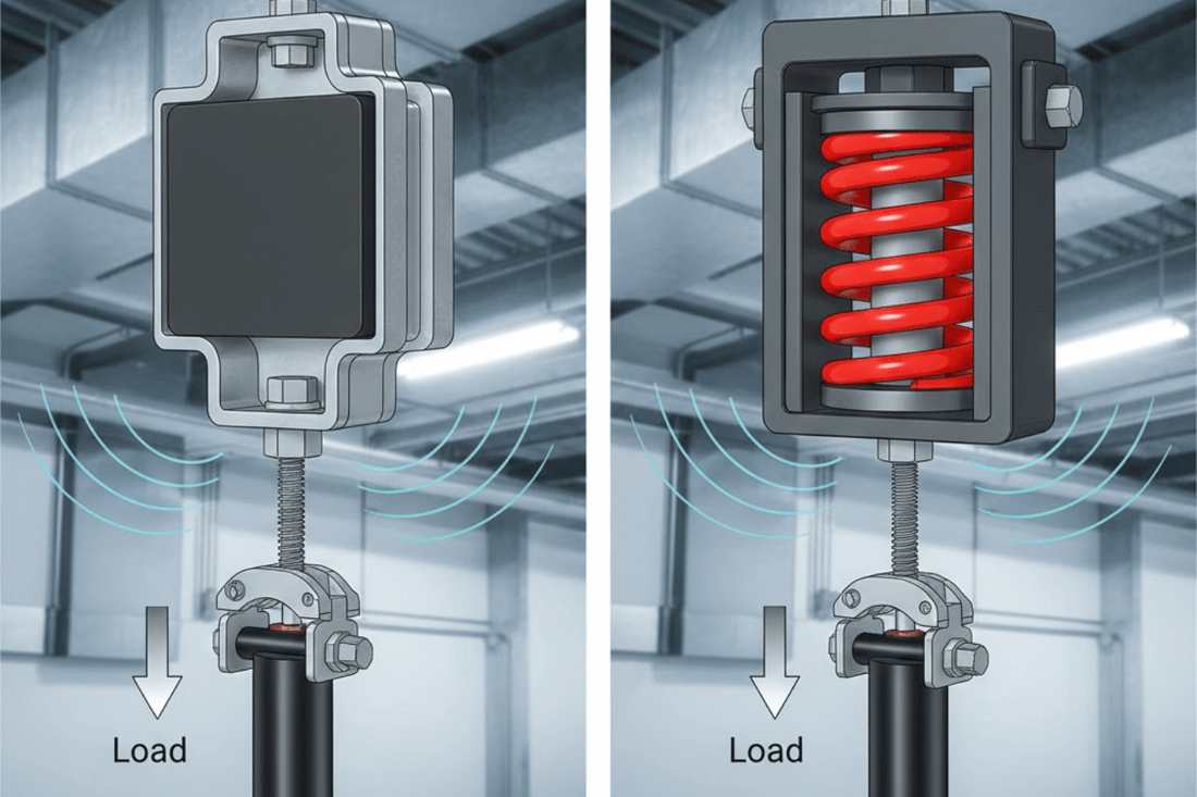 Neoprene rubber hanger (left) and steel spring hanger (right) hanging from ceiling, showing load direction and vibration waves