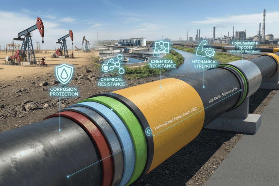 Oil pipeline with layered protective coatings labeled for corrosion protection, chemical resistance
