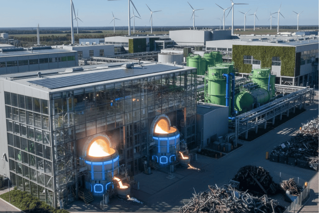 Recycling plant with molten metal furnaces, stacks of scrap, and wind turbines on horizon under clear blue sky