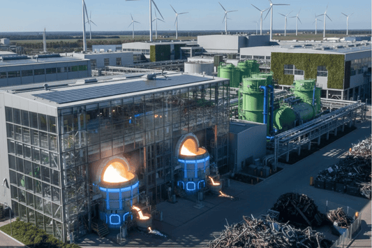 Recycling plant with molten metal furnaces, stacks of scrap, and wind turbines on horizon under clear blue sky