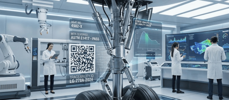 Robotic aircraft landing gear in a high-tech lab with engineers analyzing holographic diagnostics and large data displays
