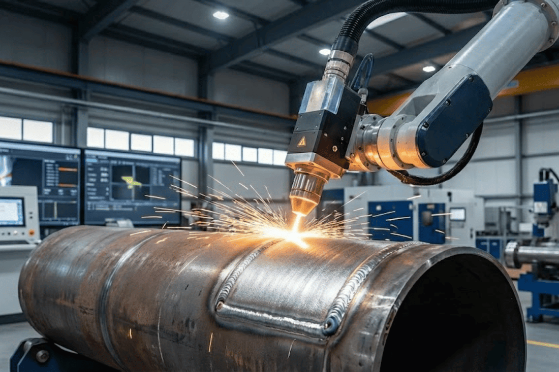 Robotic arm performing automated welding on large steel pipe in a bright industrial workshop, sparks flying and control screens