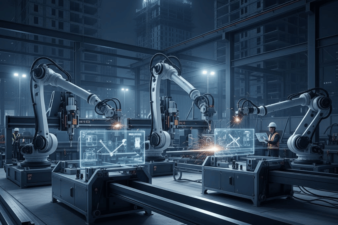 Robotic arms welding metal on an automated factory line at night, engineers monitor holographic schematics and sparks fly.