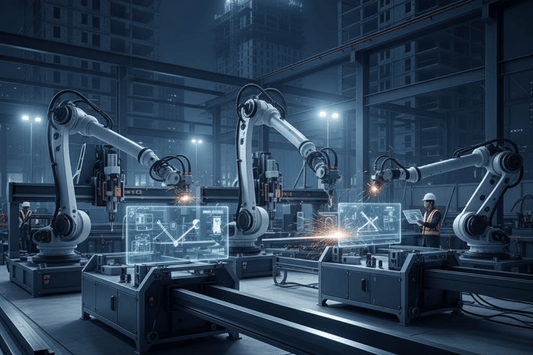 Robotic arms welding metal on an automated factory line at night, engineers monitor holographic schematics and sparks fly.
