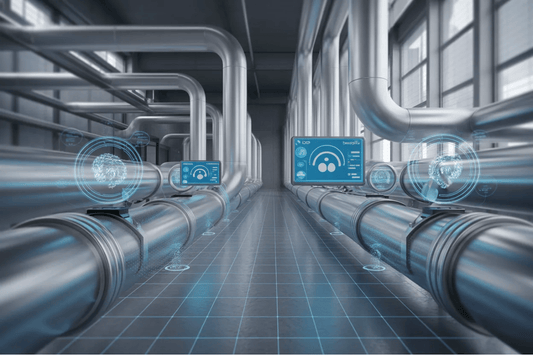 Smart factory corridor with stainless steel pipelines and digital holographic displays monitoring flow