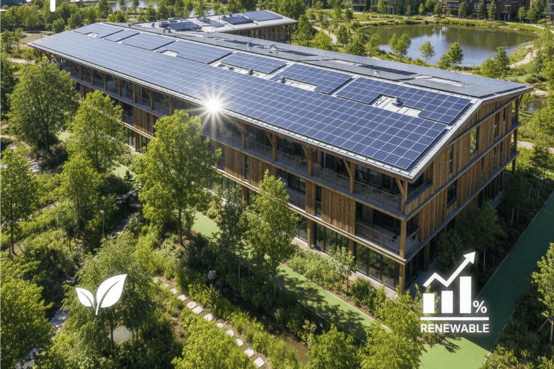 Solar-paneled office building surrounded by green landscaping, trees and ponds showcasing renewable energy