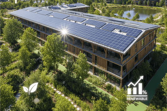 Solar-paneled office building surrounded by green landscaping, trees and ponds showcasing renewable energy