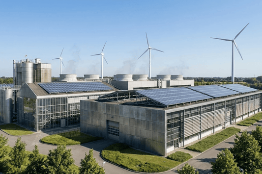 Solar-powered industrial campus with rooftop solar panels, glass atrium, cooling towers and wind turbines on a green landscape under blue sky