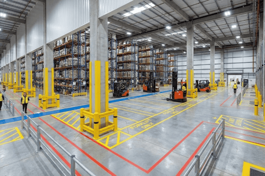 Spacious warehouse interior with tall shelving, forklifts, marked safety lanes and workers in high-visibility vests organizing pallets