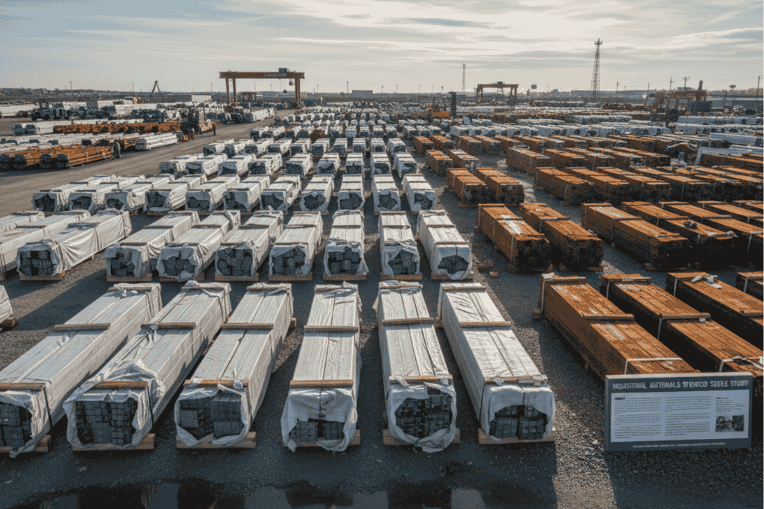 Stacked bundles of wrapped steel beams and rusted metal crates lined in rows at an outdoor