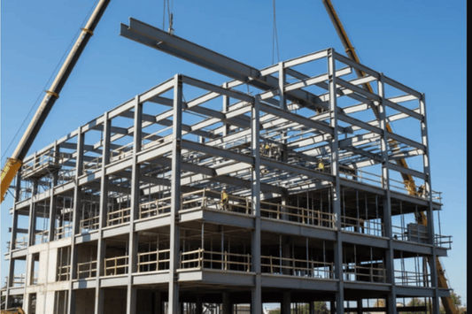 Steel-frame commercial building under construction with cranes lifting beams, workers on multiple floors