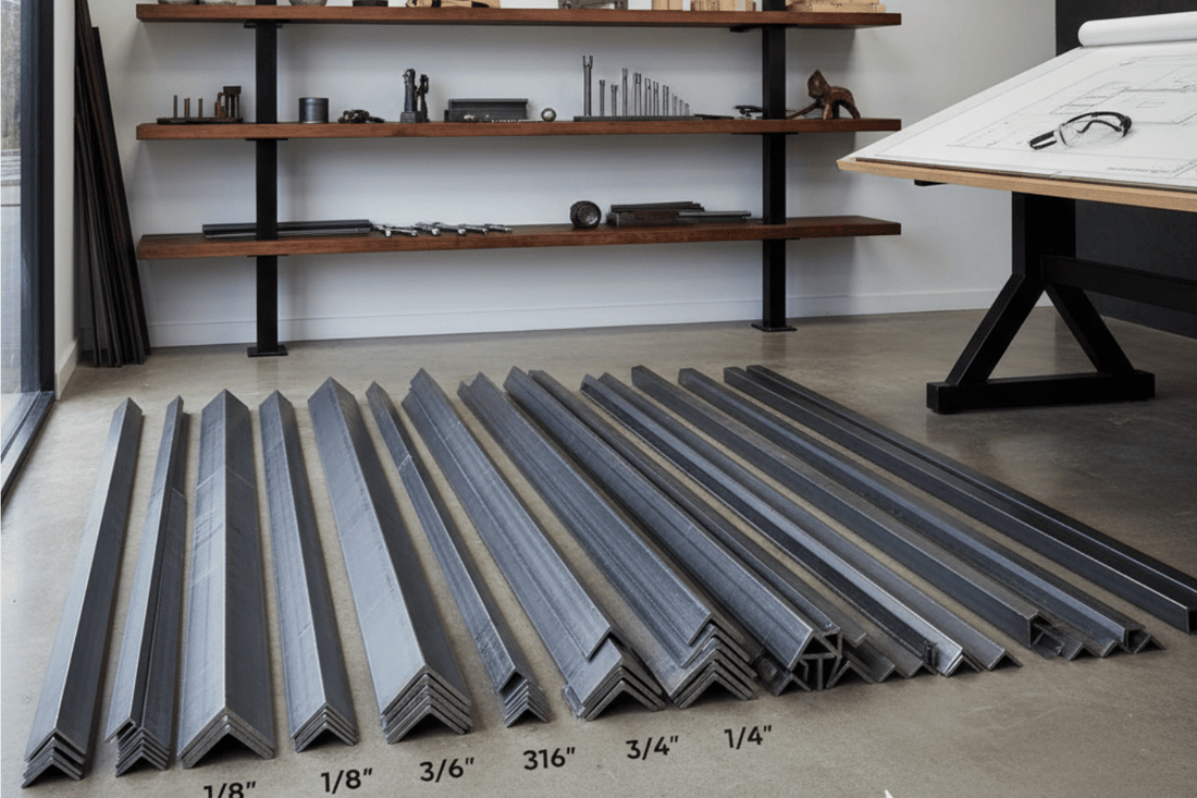 Steel angle bars of various sizes neatly arranged on a workshop floor, shelving with tools