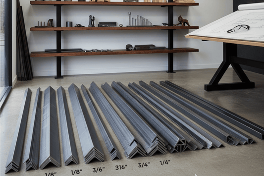 Steel angle bars of various sizes neatly arranged on a workshop floor, shelving with tools
