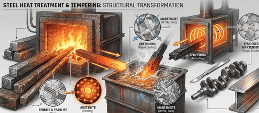Steel bars heated in a furnace, quenched in oil to form hard martensite, then tempered to tougher, ductile steel for tools