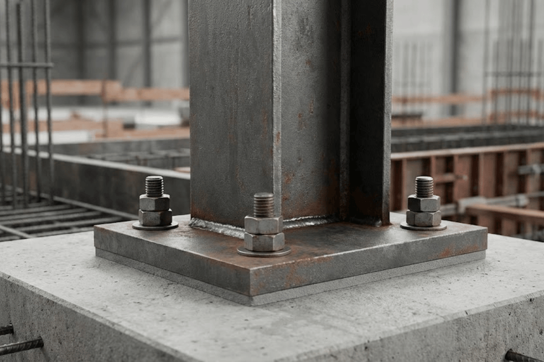 Steel column baseplate anchored to concrete footing with four large bolts and surrounding rebar at a construction site