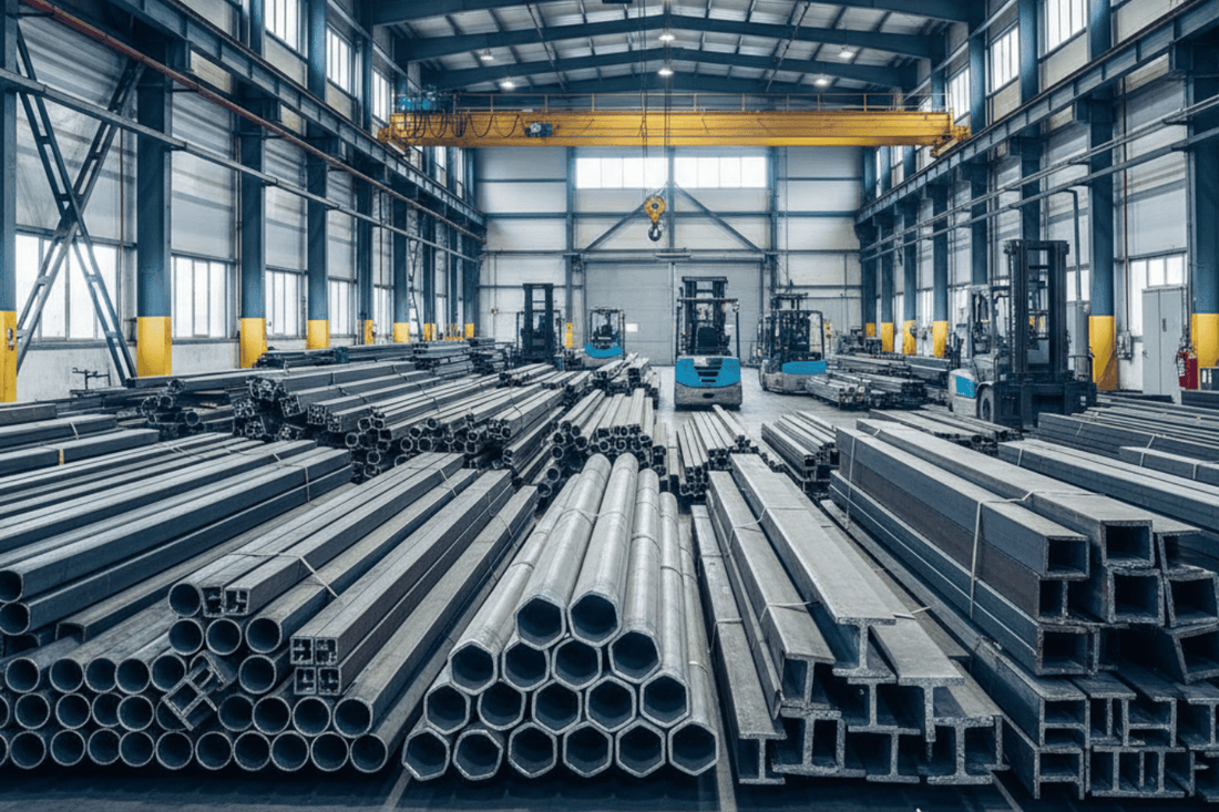 Steel warehouse interior with stacked steel beams, pipes and forklifts under overhead cranes, bright industrial lighting